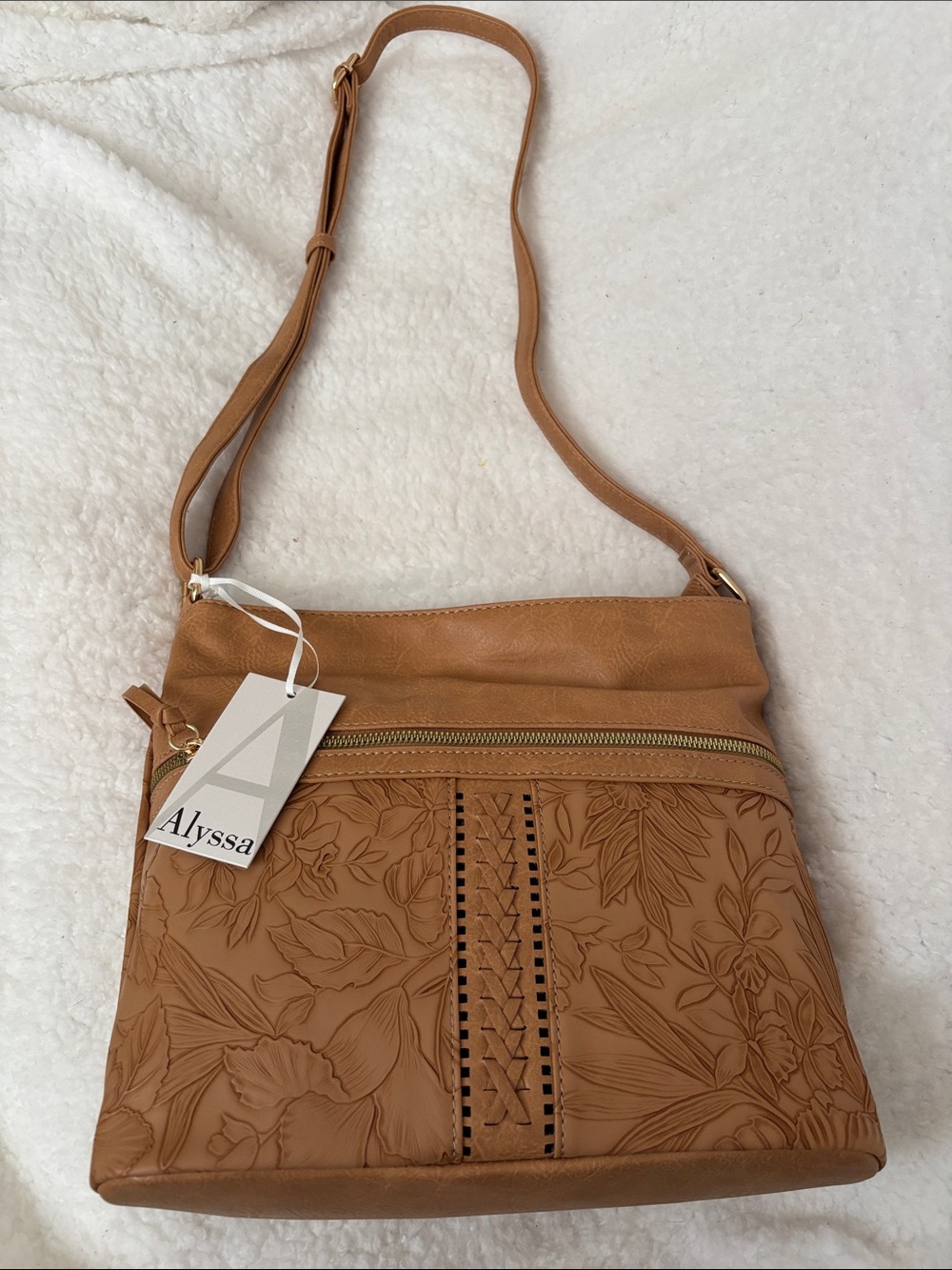 Tan Floral-Embossed Crossbody Bag